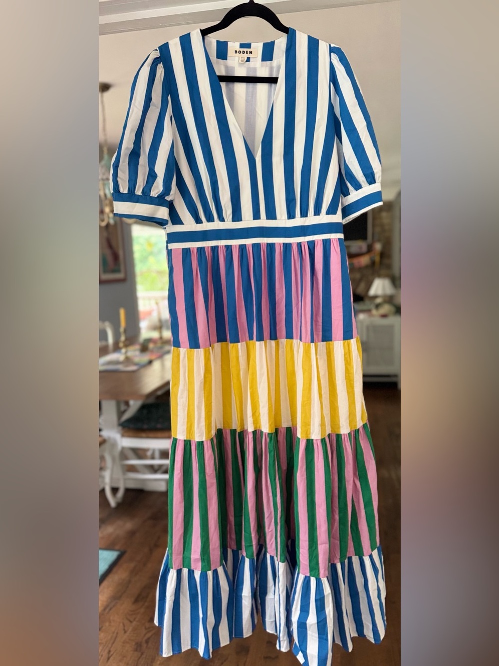 Boden Bella Puff Sleeve Tiered Maxi Dress Multi Color Stripe